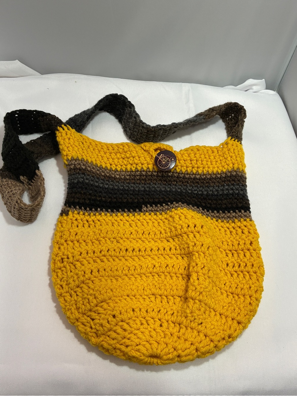 Handmade Yellow Crochet Crossbody Bag with Brown Accents